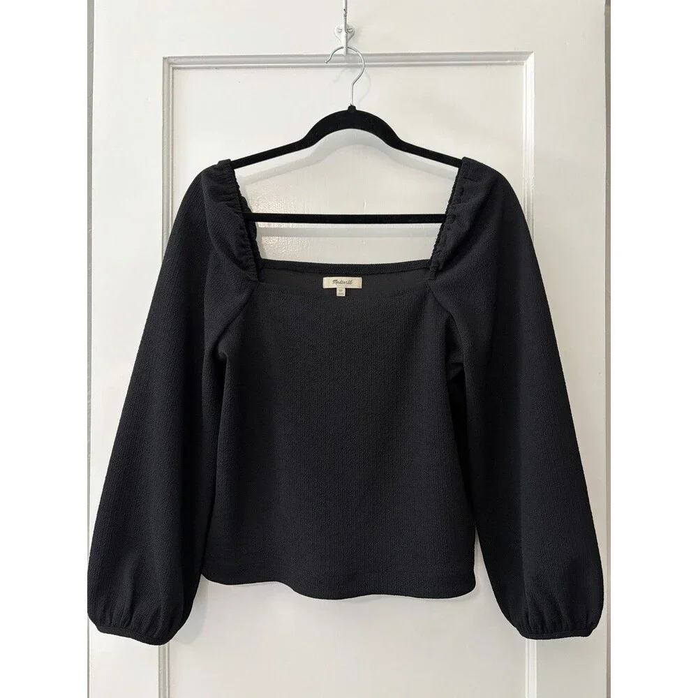 Madewell EUC Black Top Blouse XS Square Neck Puff Sleeve Romantic Feminine
